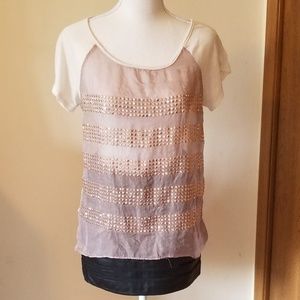 Daytrip sheer front embellished taupe blouse.